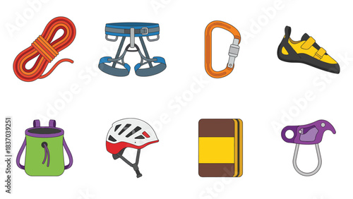 Climbing Gear Icons Flat Design Rope Harness Carabiner Shoes Chalk Bag Helmet Belay Device
