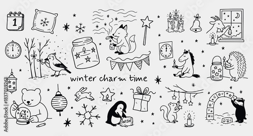 set of winter New Year's elements and animals, vector art