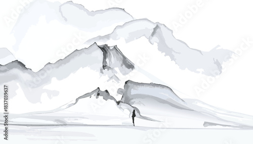 Monochrome landscape with mountains and a lone figure