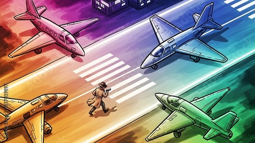 Urgent pursuit as a mysterious individual races across a busy airport runway past colorful jets