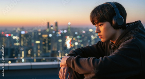Profile of a young Asian man wearing headphones on a city rooftop at sunset. Teenager listening to music with blurred urban skyline background
