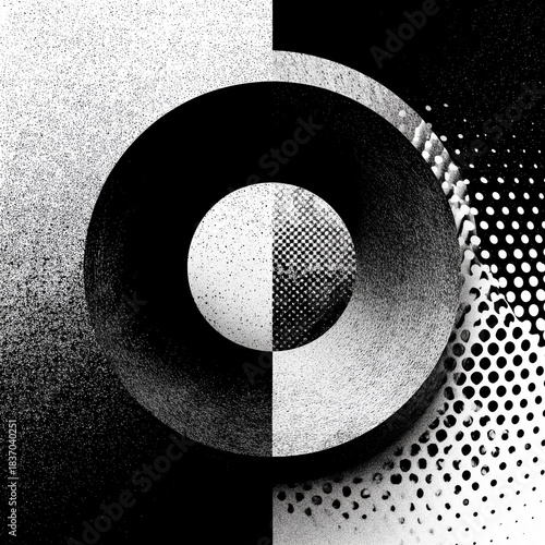 Black-and-white abstraction with circles, gradient texture and dotted patterns creates a contrasting graphic composition with dynamic rhythmic structure.
