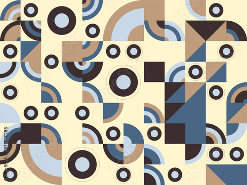 Seamless abstract geometric pattern featuring mid-century modern inspired circles squares and quarter-circles in a muted color palette ideal for contemporary backgrounds and digital art