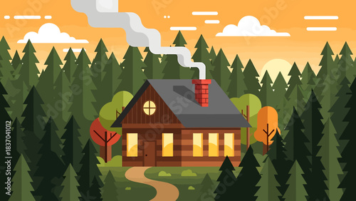 A cozy wooden cabin nestled in a dense forest with smoke rising from the chimney under an orange sky, flat illustration.