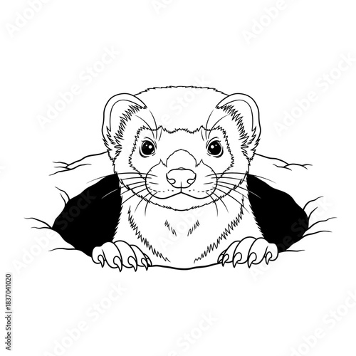 Curious ferret peeking out of its cozy burrow, black and white line art illustration