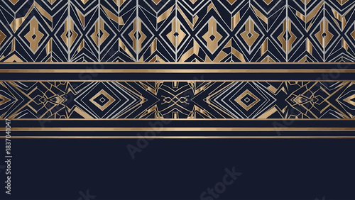 Elegant Art Deco geometric pattern with gold and silver accents on a dark blue background, featuring intricate diamond and line designs.