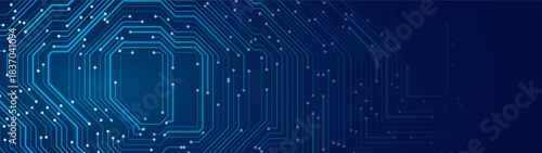 Blue Circuit Board Digital Electronics Background. Artificial Intelligence AI Microchip CPU Technology Backdrop Pattern. Computer Motherboard Vector Illustration.