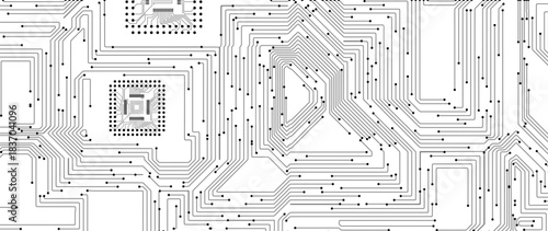White Circuit Board Background with Modern Tech Chip Line Pattern, Ideal for Technology, Semiconductor, and Digital Themes. Vector Illustration.