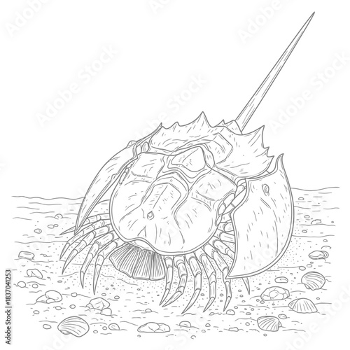 An intricate line art illustration of a horseshoe crab crawling across the sandy seabed