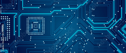 Blue Circuit Board Digital Electronics Background. Artificial Intelligence AI Microchip CPU Technology Backdrop Pattern. Computer Motherboard Vector Illustration.