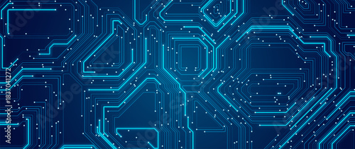 Blue Circuit Board Digital Electronics Background. Artificial Intelligence AI Microchip CPU Technology Backdrop Pattern. Computer Motherboard Vector Illustration.