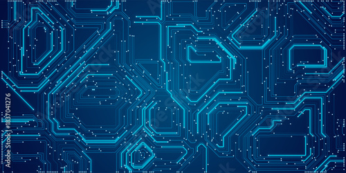 Blue Circuit Board Digital Electronics Background. Artificial Intelligence AI Microchip CPU Technology Backdrop Pattern. Computer Motherboard Vector Illustration.