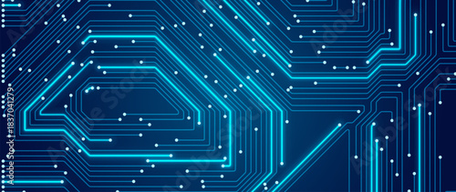 Blue Circuit Board Digital Electronics Background. Artificial Intelligence AI Microchip CPU Technology Backdrop Pattern. Computer Motherboard Vector Illustration.
