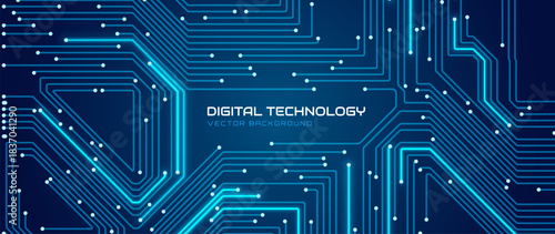 Blue Circuit Board Digital Electronics Background. Artificial Intelligence AI Microchip CPU Technology Backdrop Pattern. Computer Motherboard Vector Illustration.
