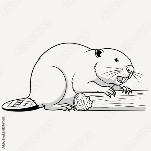 A black and white line art illustration of a beaver chewing on a log