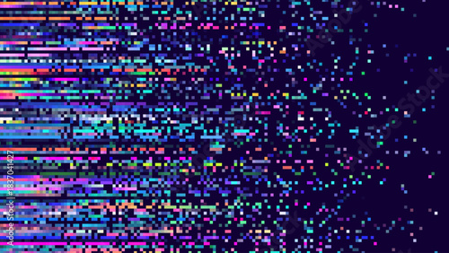 Glitch Pixels Screen. Abstract Cyberpunk Purple Glitched Background. Abstract Noise Effect, Error Video Damage, Stylized Data Corrupted Lines. Vector illustration. 