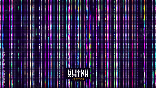 Glitch Pixels Screen. Abstract Cyberpunk Purple Glitched Background. Abstract Noise Effect, Error Video Damage, Stylized Data Corrupted Lines. Vector illustration. 