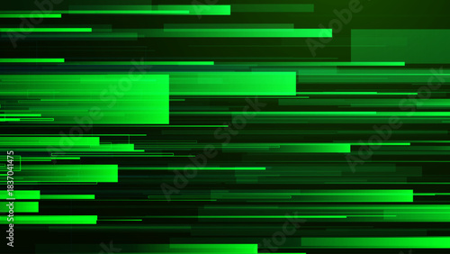 Green Glitch Lines Background With Futuristic Digital Effect, Perfect for Gaming, Tech, or Cyberpunk Designs. Abstract High-Speed Motion in Neon Colors. Vector Illustration.