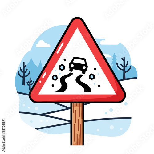 Winter road hazard warning sign with slippery conditions illustration  