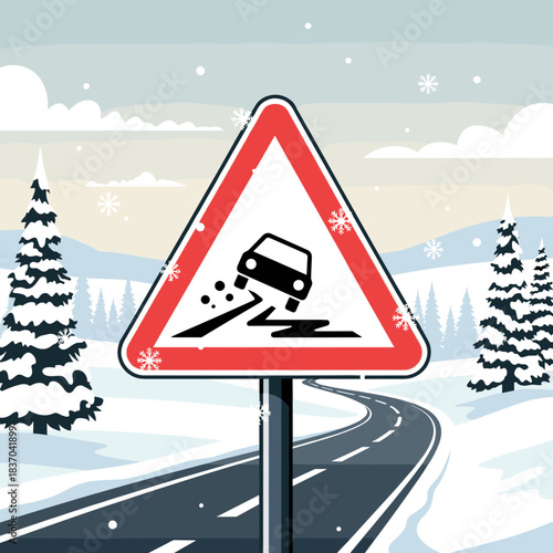 Road sign warning of slippery conditions in snowy winter landscape  