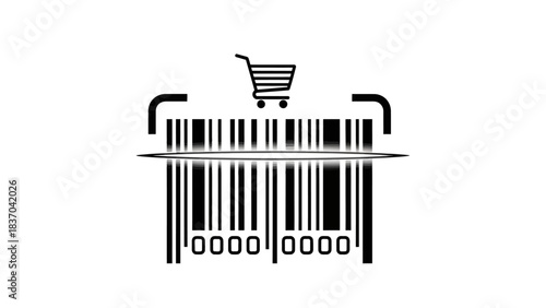 Black and white illustration of a barcode being scanned with a shopping cart icon above it, representing retail and e-commerce.