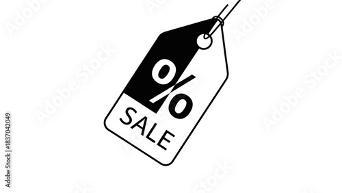 A black and white graphic illustration of a sale tag with percentage symbols and the word "SALE" for discounts and promotions.