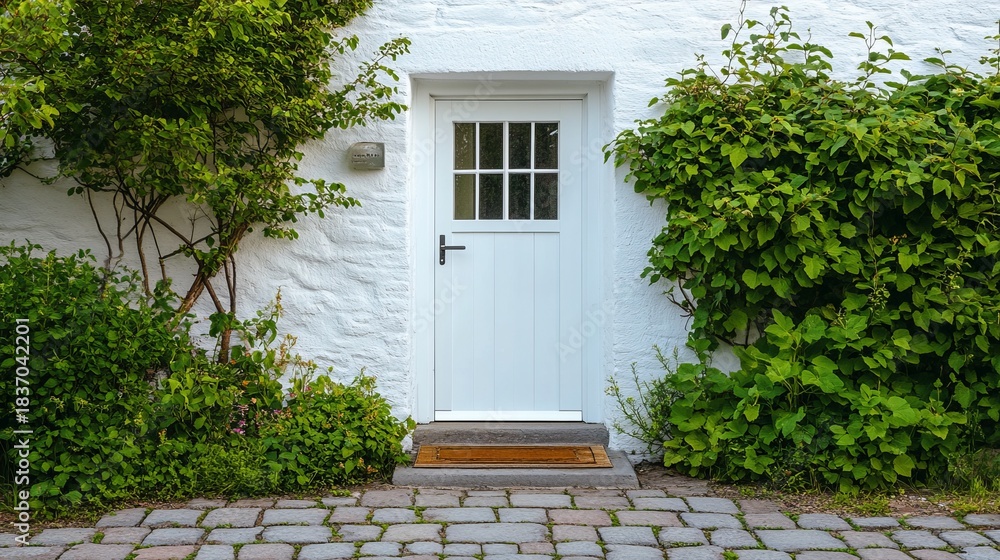 Naklejka premium Chic home facade, Modern exterior featuring vibrant plants and artistic embellishments, Stylish front of residence displaying lively greenery and decorative art elements