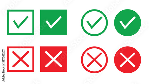 Check and cross icon set. Green tick and red error symbols. Square and circular UI elements. Solid and outline vector signs. Vector illustration.