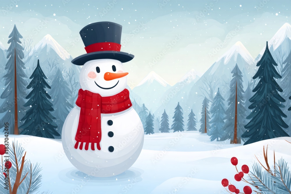 Obraz premium Snowman wearing hat and scarf in winter forest landscape