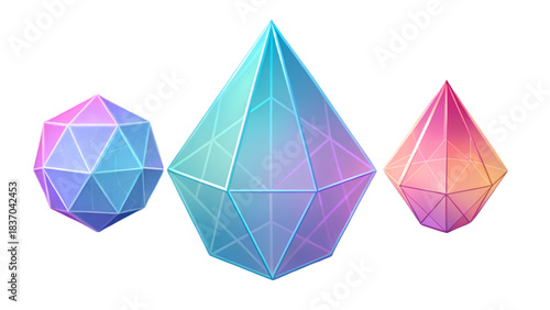 Set of colorful futuristic geometric polyhedron shapes with glowing gradients and transparent wireframe design on white background