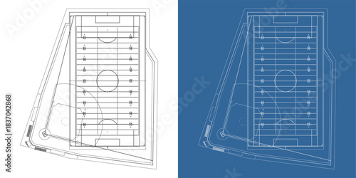 Top-down stadium blueprint displaying professional markings for soccer, baseball, and American football in clean technical layout for planning