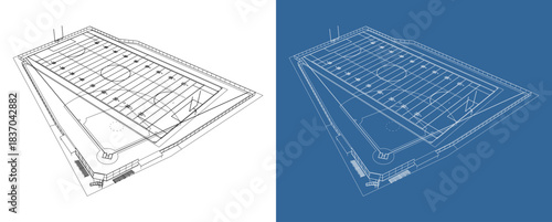 Isometric architectural blueprint of a sports stadium field combining soccer, baseball, and American football line markings shown in white and blue design for planning visualization