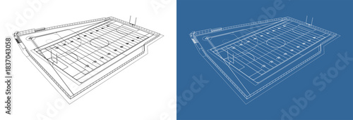 Isometric lower-angle blueprint of stadium fields with focus on baseball and surrounding soccer and football markings