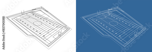 Technical blueprint visualization of a multi-sport stadium from right isometric angle showing detailed line markings for soccer, baseball, and American football