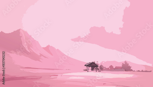 Pink landscape with hut, mountains, and subtle buildings