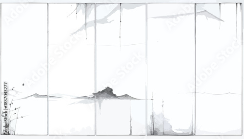 Gray-scale wash painting of mountain landscape on paper screen