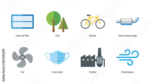 Icons Representing Air Quality Pollution Control and Healthy Environment Concepts Air Filter Tree Bicycle Exhaust Pipe Fan Face Mask Factory Fresh Breeze