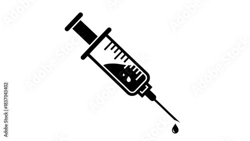 Black silhouette of a medical syringe with a needle and a drop of liquid at its tip, symbolizing injection or vaccination.