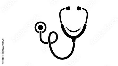 Black silhouette of a medical stethoscope on a white background, used for listening to internal body sounds.