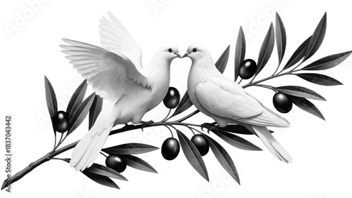 Two white doves on an olive branch, symbolizing peace and love and tender affection.