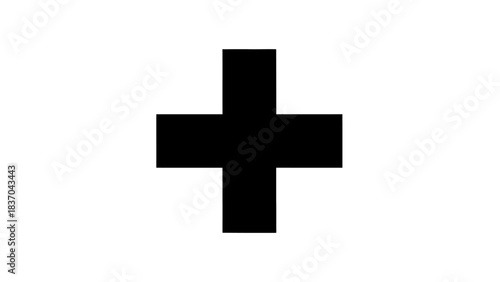 A bold black plus sign symbol centered on a plain white background, representing addition or a positive concept.