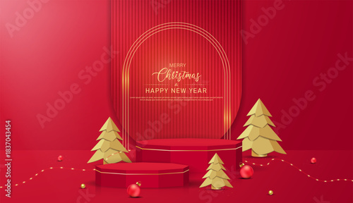 Merry Christmas Holiday Banner Template Design With Podium Stage, Decorative Light Bulb and Christmas Tree. Christmas, New Year Holiday background.