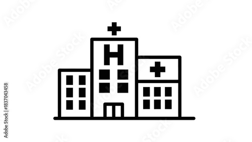 Black and white outline icon of a hospital building with a cross on top, representing healthcare and medical facilities.