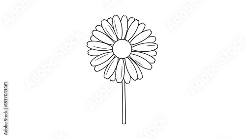 Simple black and white line drawing of a daisy flower with multiple petals and a central disk, on a thin stem, isolated on a white background.