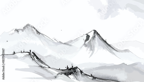 Mountainous, monochrome, ink wash painting with distant figures