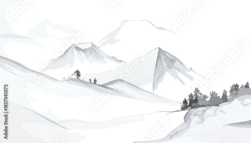 Minimalist mountain landscape with hikers