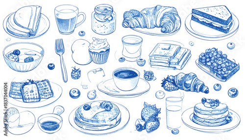 Blue sketched breakfast food waffles, pancakes, croissant
