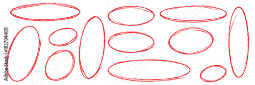 Circle hand drawn isolated on white background. Collection of different hand drawn red circles. For web site, logo and text check. Circle Brush Red.