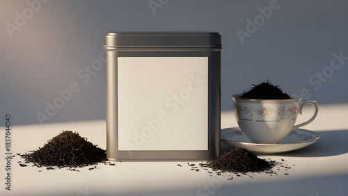 Loose leaf black tea in tin with cup and saucer