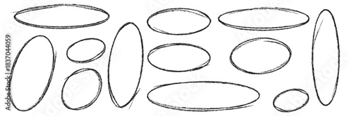 Set of hand drawn doodle ellipses. Scribble ovals and bubbles to circle and highlight text. Collection of different brush drawn black circles. Marker round elements isolated on white background. EPS10